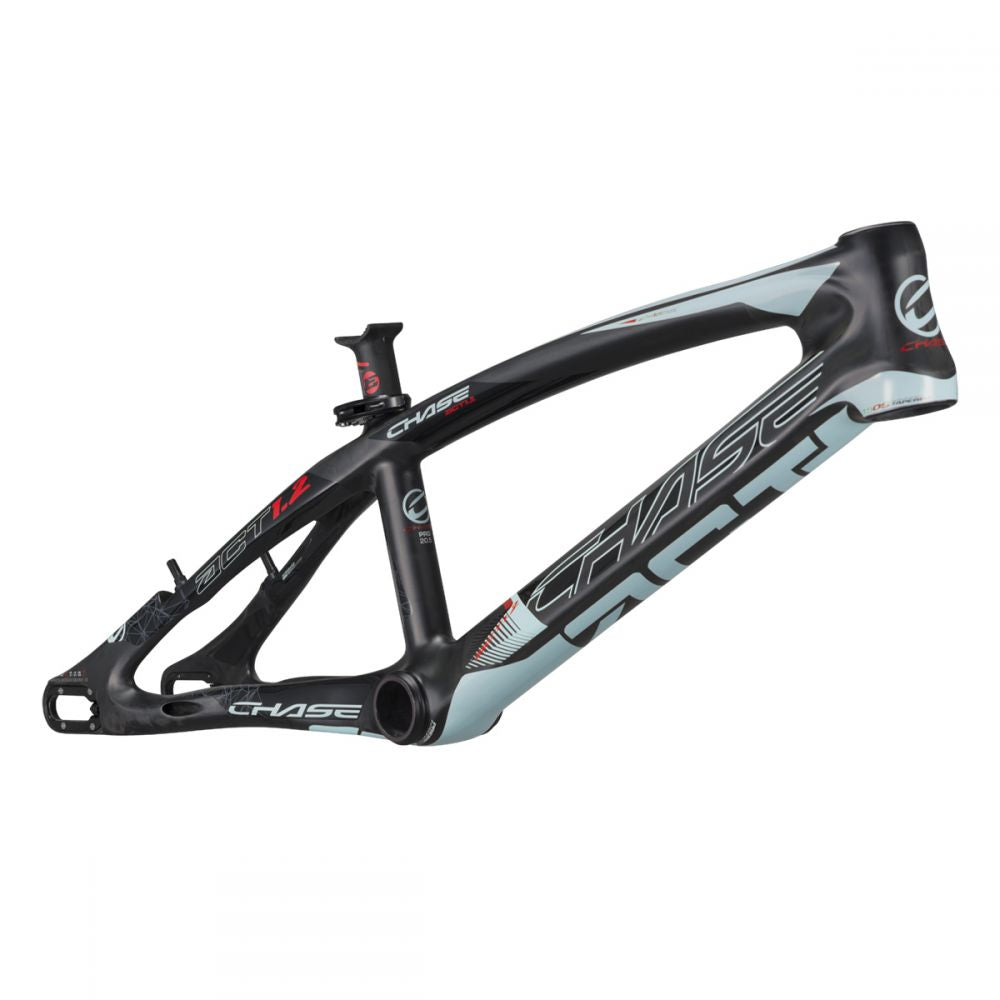 A black and grey bicycle frame with the brand name "CHASE" written on it in white and red letters. Featuring curved tubes and aerodynamic elements, the Chase ACT 1.2 Carbon BMX Race Frame Pro XXL incorporates Advanced Carbon Technology for ultimate performance.