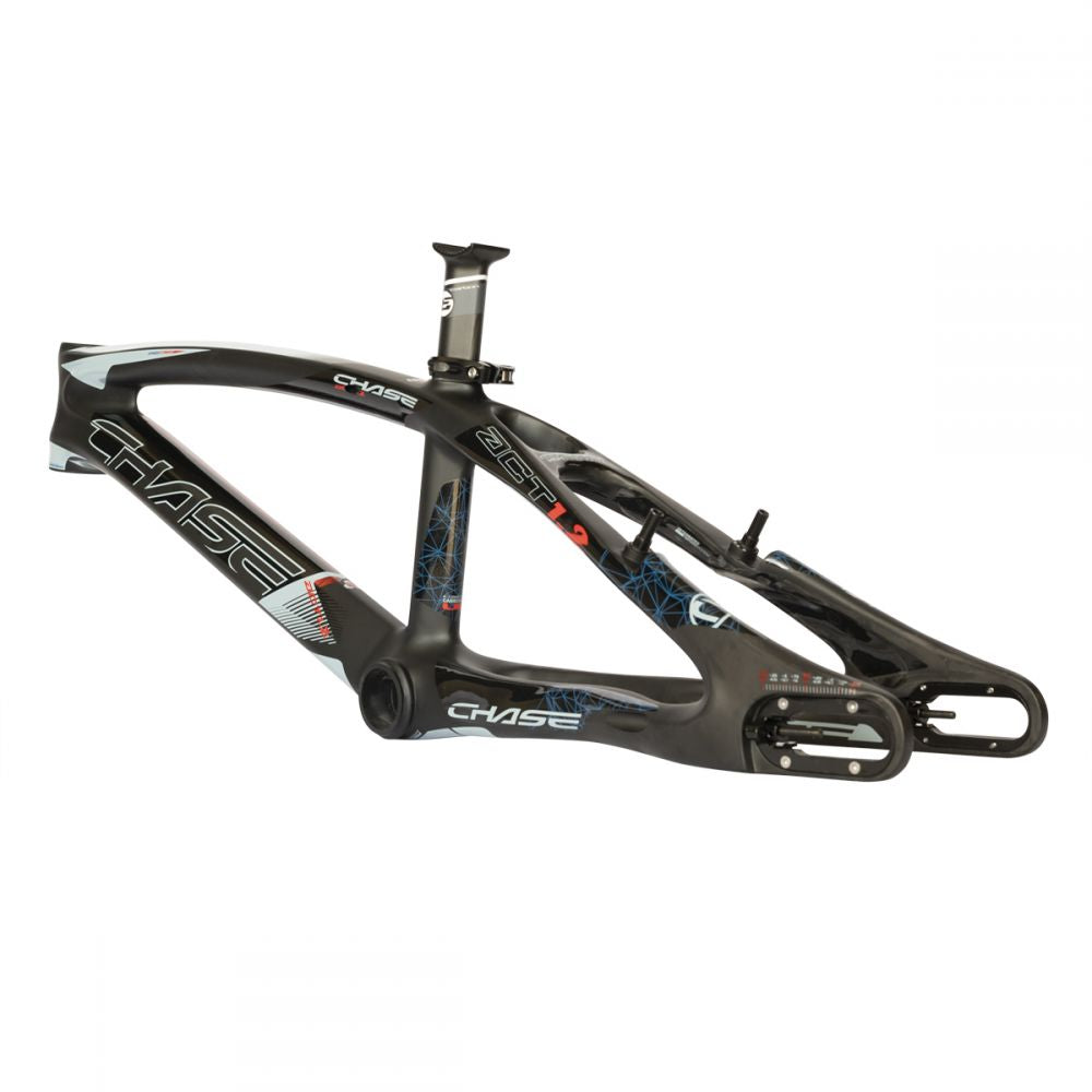 Side view of the black Chase ACT 1.2 Carbon BMX Race Frame Pro XL+ with white and blue accents, including branded text and a sleek, aerodynamic Carbon Monocoque design.