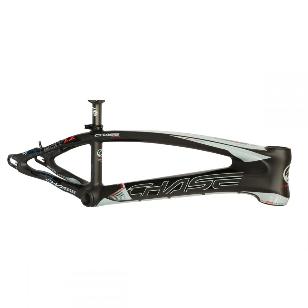 Side view of a black and white Chase ACT 1.2 Carbon BMX Race Frame Pro XXL+ with blue and red accents and the "Chase" logo on it, showcasing its sleek Carbon Monocoque Frame design.