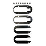 Four CHASE ACT FRAME DROP OUT KIT 10MM black metal brackets with cutouts and mounting holes, accompanied by eight screws, arranged in a grid pattern on a white background.