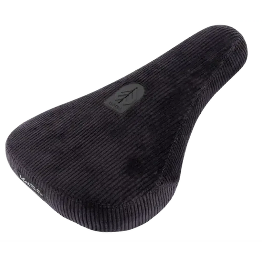 The Eclat Bios Fat Pivotal Seat features a corduroy pattern and elongated shape ideal for BMX riders. Its dark color highlights the logo on top, and with Pivotal technology, it offers easy adjustments for optimal performance.