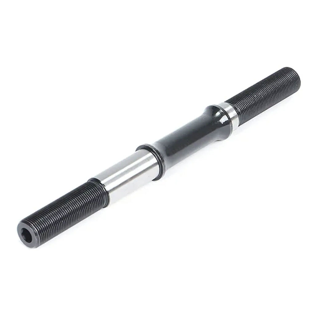 A machined metal spindle with a black center, threaded ends, and a 14mm male hollow bore is the Eclat Cortex EVO Axle.