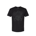 The Terrible One Crest T-Shirt is a black tee showcasing a gray octopus design above an inscribed "T-1" shield on a white backdrop. Embrace casual fashion proudly with this exceptional brand piece.