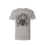 The Terrible One Crest T-Shirt is a gray tee with a stylized octopus design, featuring a shield with "T4H" and stars, ideal for showcasing your pride in top brands.