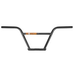 Black, metal Mission Crosshair 4 Piece Handlebars with a four-piece design and the text "Crosshair" in orange at the center. Crafted from durable 4130 chromoly, these Mission Crosshair 4 Piece Handlebars are built for performance and style.