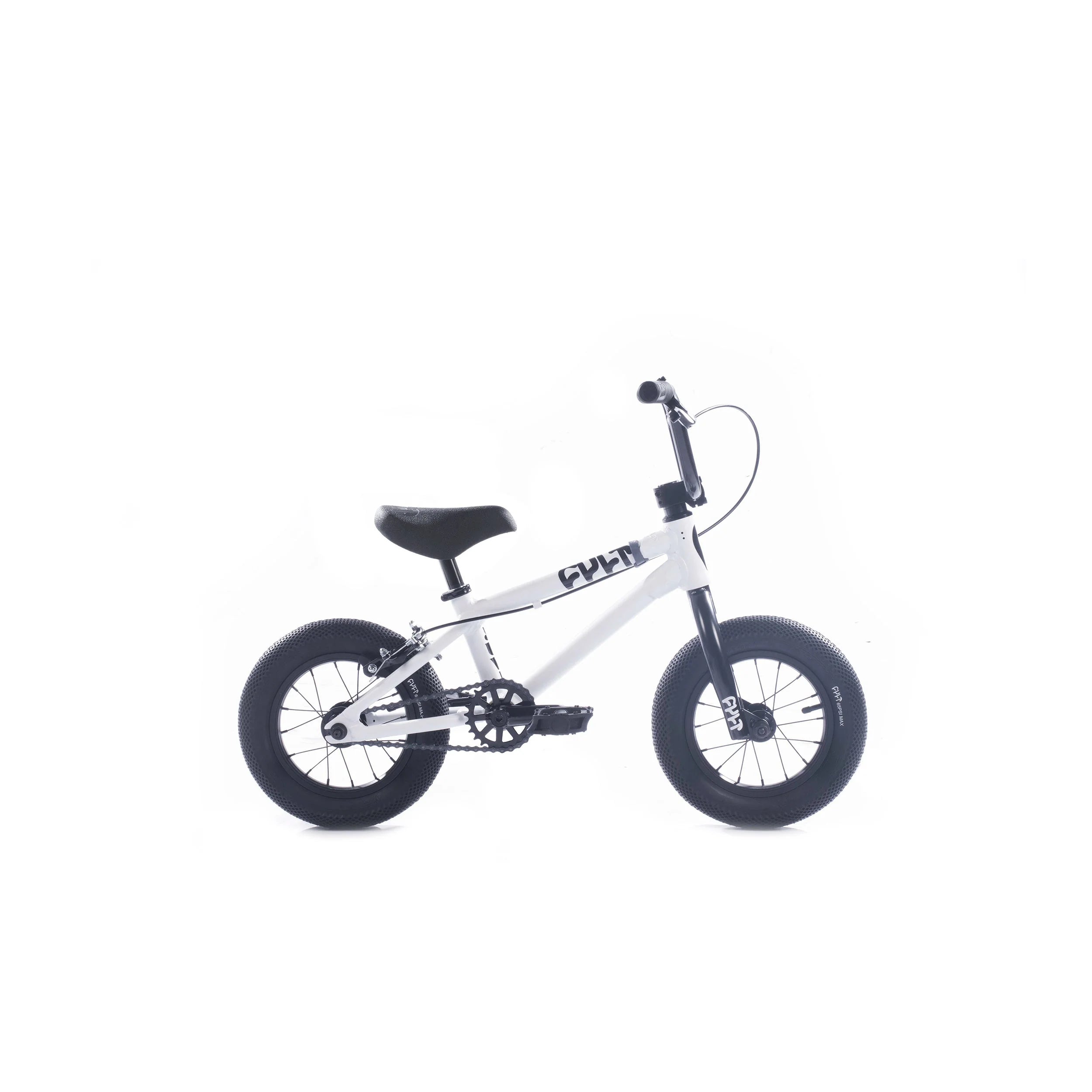 The Cult Juvi 12 Inch kids' bike boasts a white and black design with thick tires, a cushioned seat, an aluminum frame, and a premium BMX build.