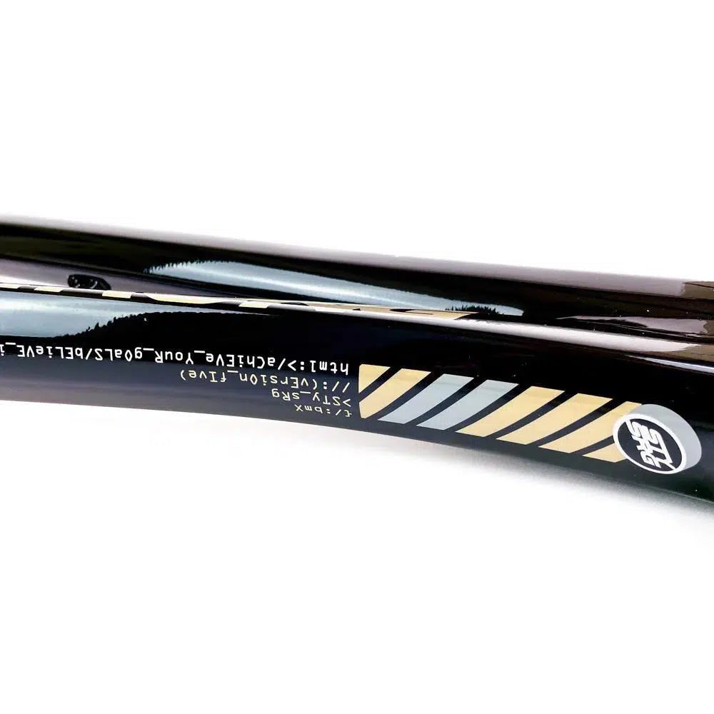 Close-up of the Staystrong V5 Disc Pro XXL Frame with silver, gold, and bronze detailing. The 6061 alloy tubing features white text and some graphic elements, reminding riders to "Stay Strong.