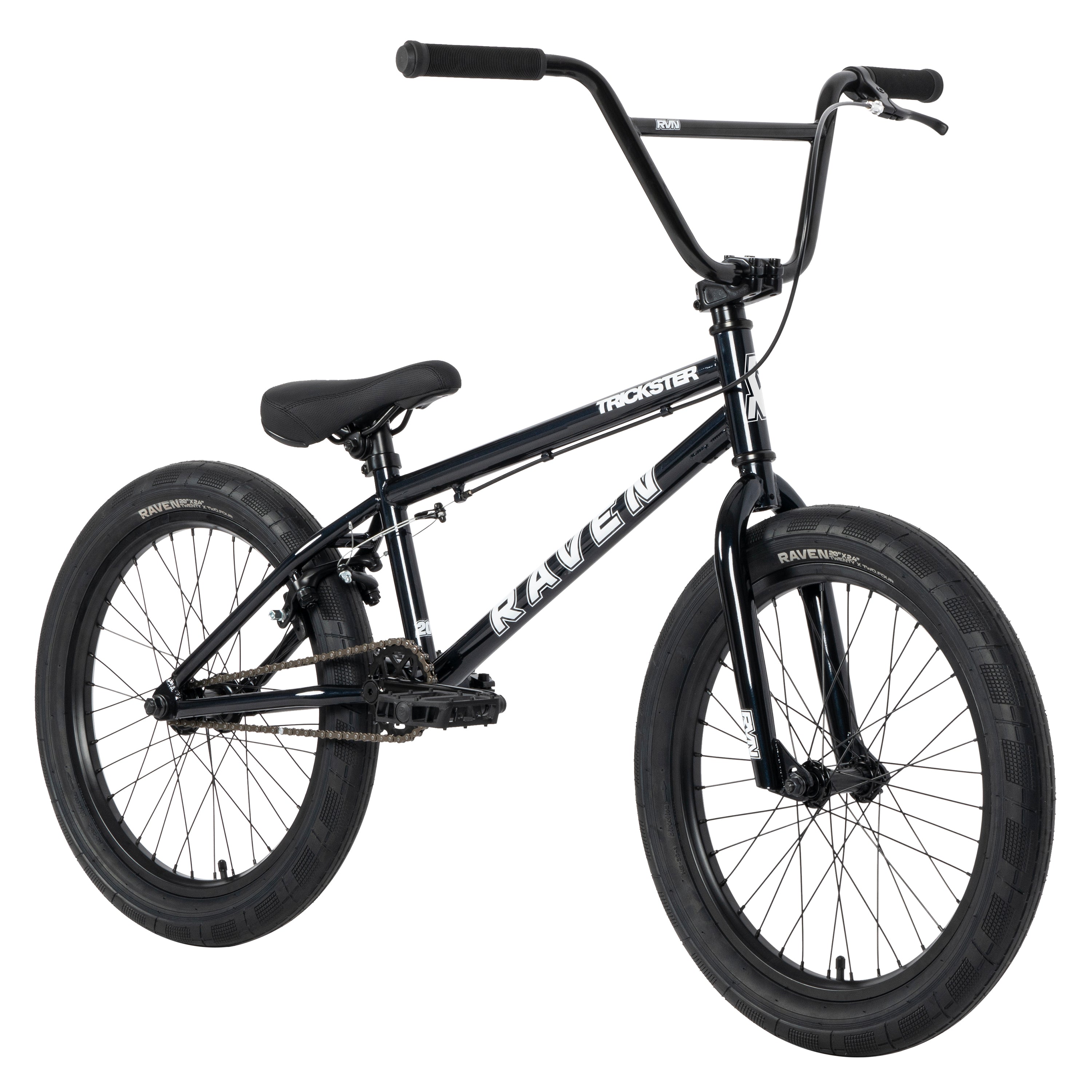 The Raven Trickster 20 Inch Bike is a stylish and affordable option in black, sporting thick tires, a "Raven" logo on the frame, and raised handlebars. Ideal for riders who want quality and flair at an accessible price point.