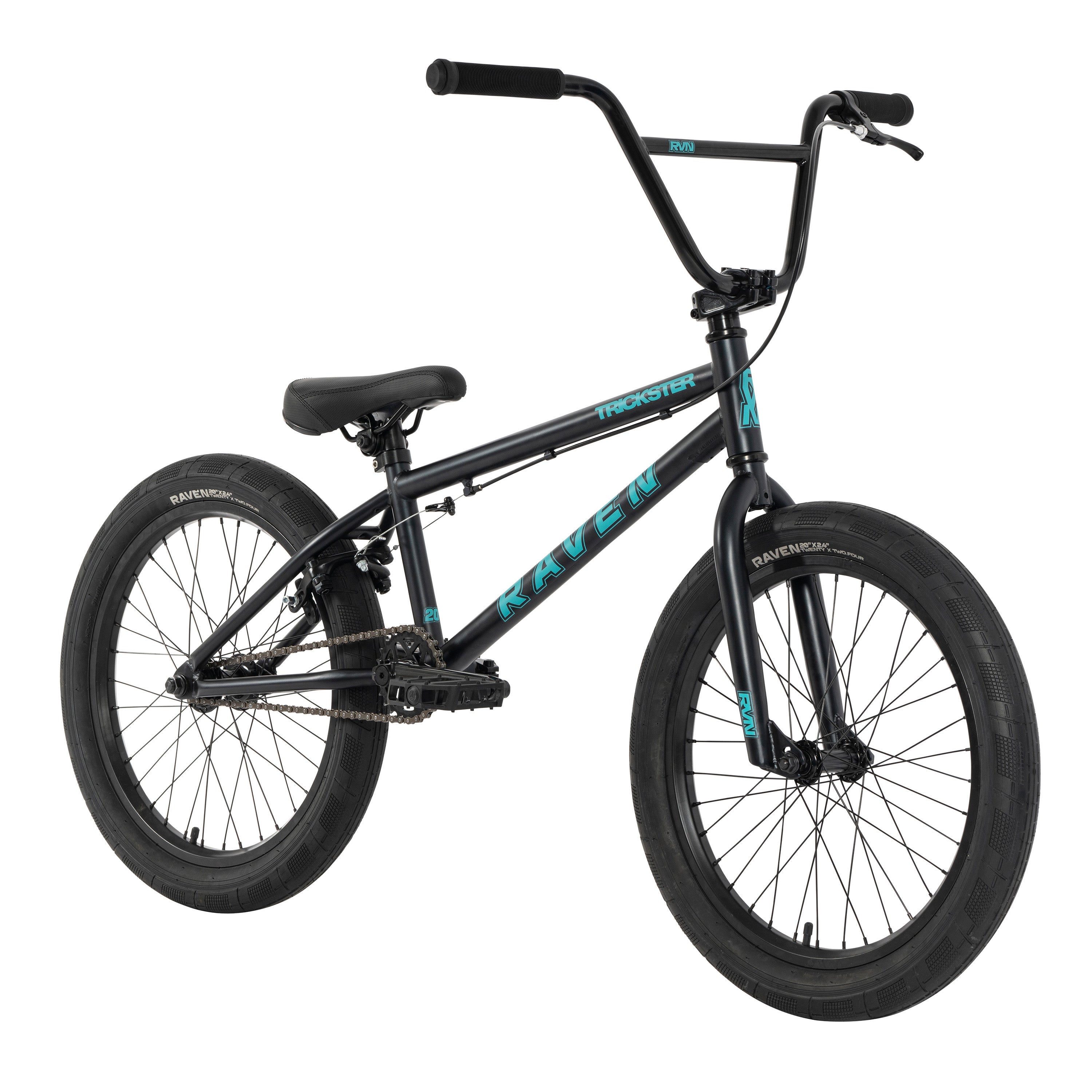 The Raven Trickster 20 Inch Bike is a black BMX bike with teal accents on the frame and "Raven" text. It includes thick tires, a padded seat, and a single gear system. Featuring sealed hubs for smooth rides, it is part of our affordable bikes collection.