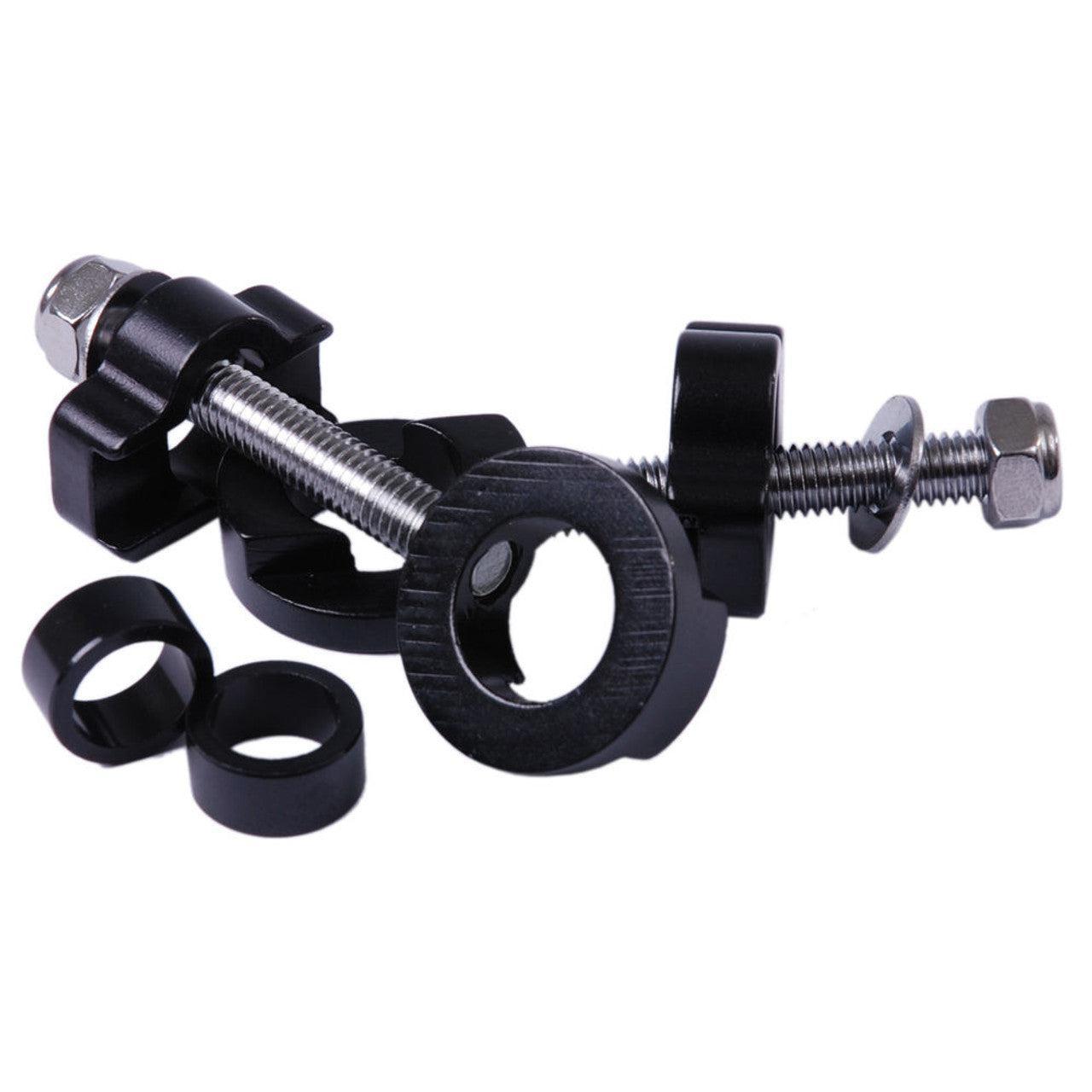 Black metal and plastic hardware, such as screws, nuts, and washers, are intricately arranged, featuring a pair of Premium Parts Chain Tensioners for 14mm chains to ensure precise adjustments.