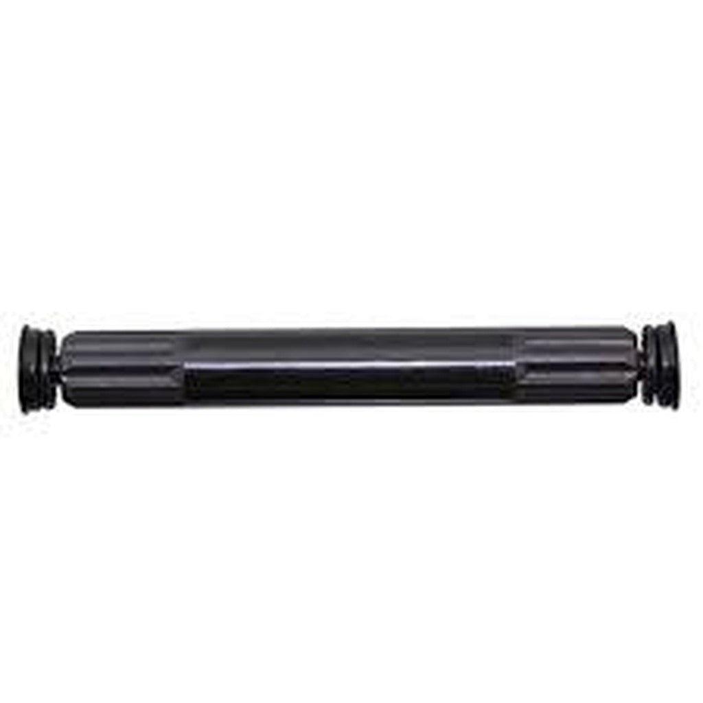 The Generic 8 Spline Spindle Sealed is a black metal cylindrical rod with grooved ends, perfect as a Chromoly spindle replacement for your BMX crank.