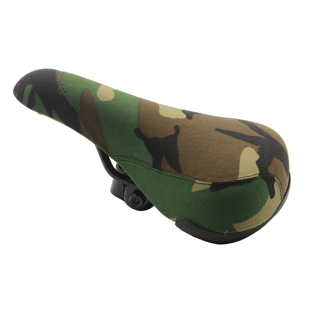 The DRS Dirt Jump Seat, featuring a durable camouflage fabric cover, is ideal for dirt jump enthusiasts and comes with all necessary seat components included.