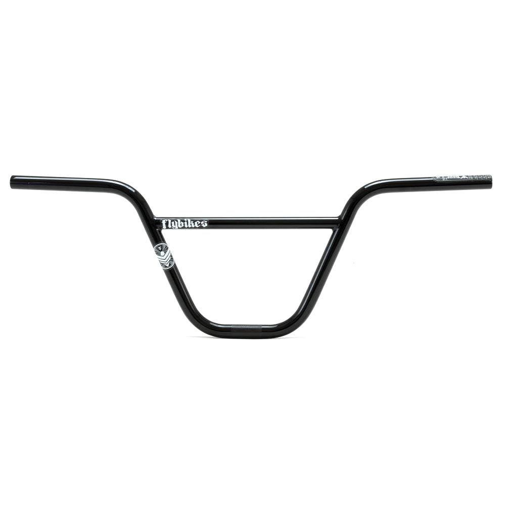 The Fly Bikes Dove Bars in black boast a central multi-butted 4130 CrMo reinforcing bar and a visible logo on the top left. With a lifetime warranty, it provides durability and style for every ride.