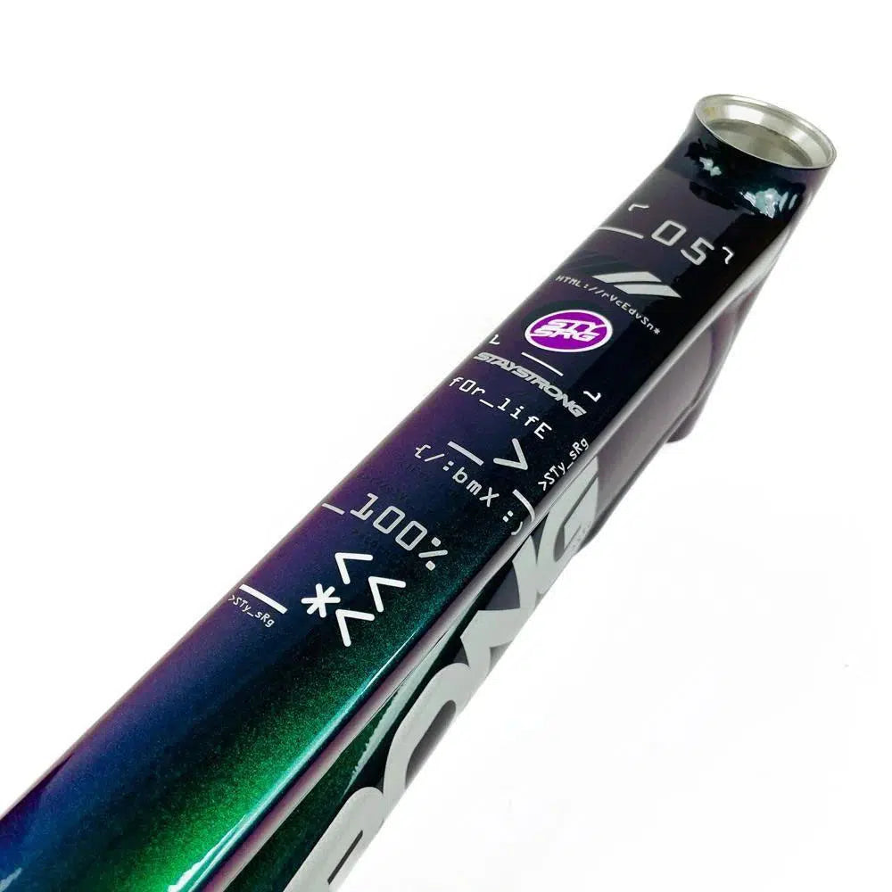 Close-up view of an aluminium race frame, specifically the Staystrong V5 Disc Expert Frame, displaying logos and graphics including text, symbols, and varying colors with a metallic finish made from 6061 alloy tubing.