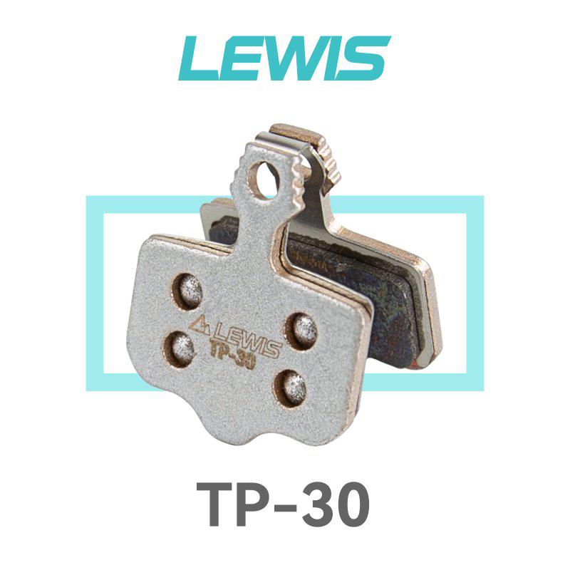 The Lewis TP-30 Brake Pads, part of the esteemed TP series, are sintered metallic bicycle brake pads that feature a distinctive green frame with "LEWIS" prominently displayed above them, providing cycling enthusiasts with reliable and efficient braking performance.