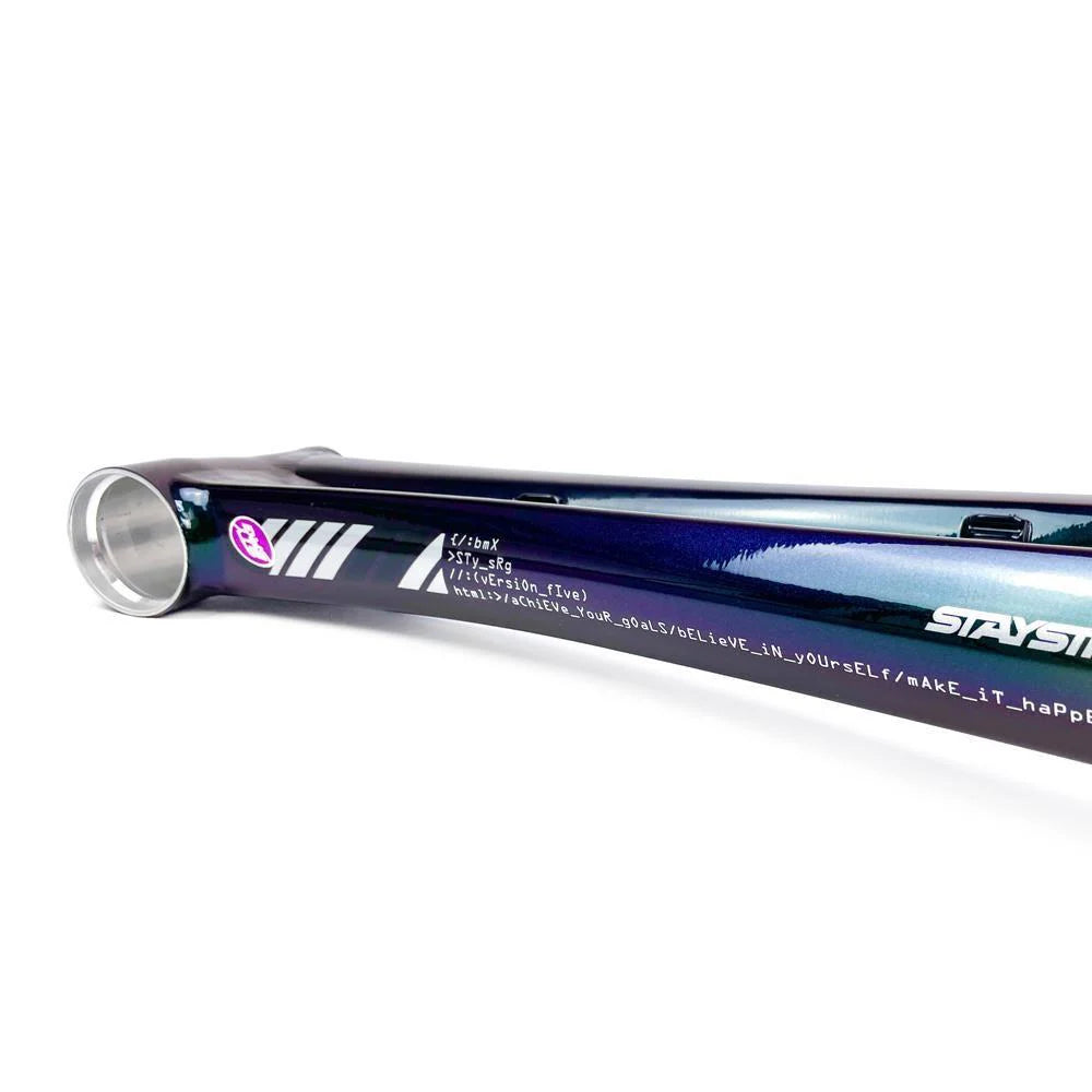 Close-up of a cylindrical metal object with a glossy finish, featuring text and patterns in white, blue, and purple shades. The sleek design suggests it could be part of the Staystrong V5 Disc Pro XXXL Frame or crafted from 6061 alloy tubing.