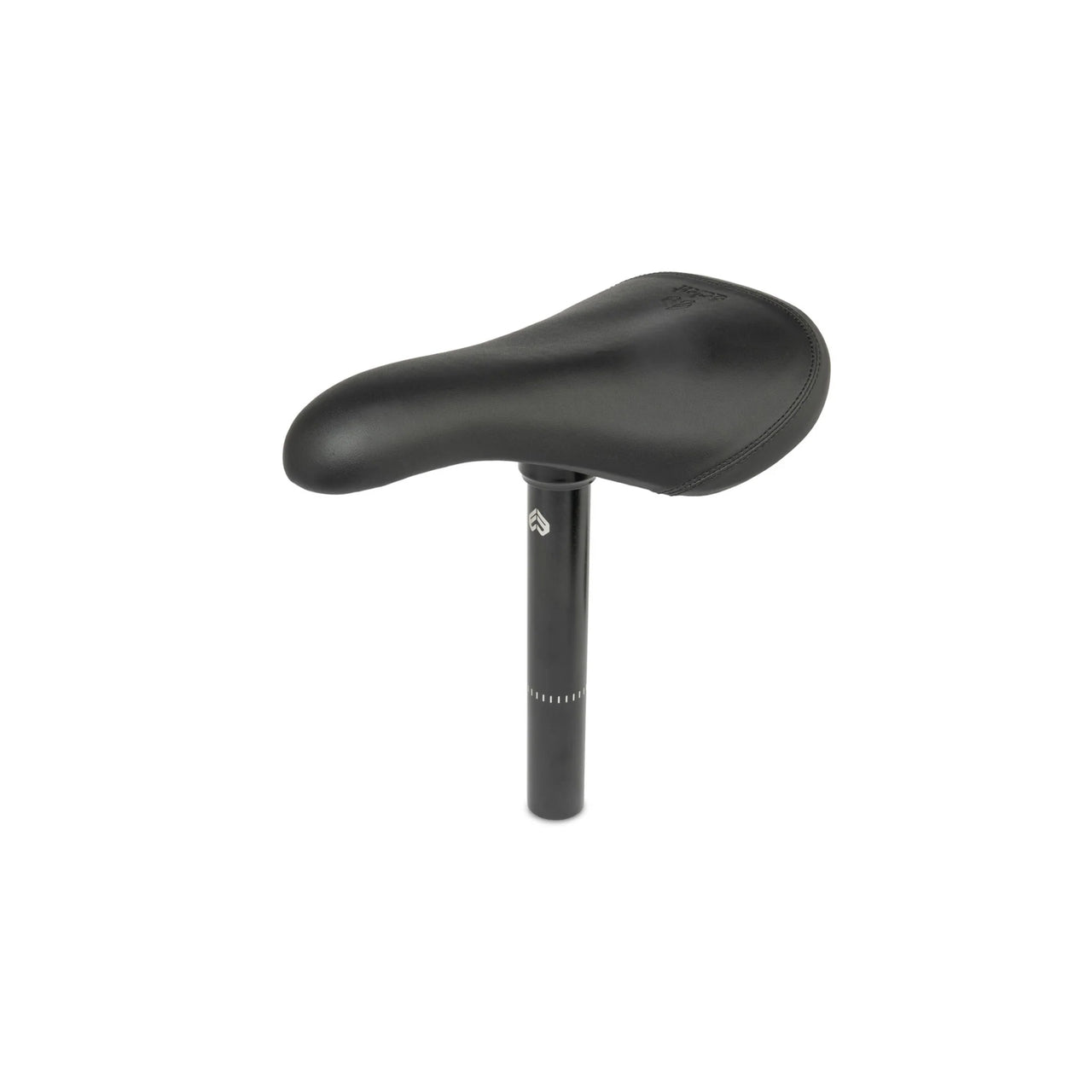 Eclat Complex Combo Seat: A black bicycle saddle with a seat post, showcasing a simple design and smooth finish. Perfectly blends style and comfort for cycling enthusiasts, presented on a white background.