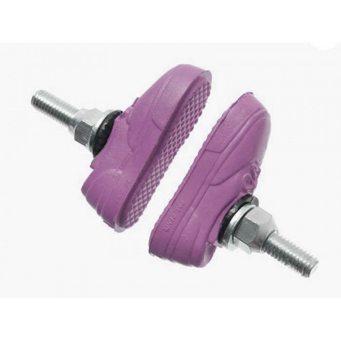 The Kool Stop X Vans Brake Pads feature rim-friendly compounds and a unique purple shoe-shaped design with metal bolts for easy installation.