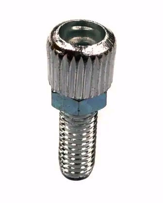 A metallic Brake Barrel Adjuster M5 with a knurled knob screw, threaded body, and cylinder-shaped head, viewed from an angle.