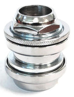 Neco Threaded 1 Inch BMX Push In Headset: A metallic, cylindrical connector featuring threaded ends and grooved sides, ideal for joining sections of pipe or tubing. Perfectly compatible with Neco Threaded Headset systems.