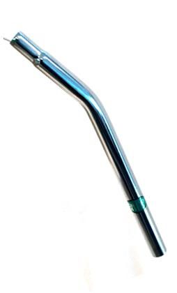 A Layback Post Chrome Chromoly 25.4mm with a bent tube, featuring a chrome finish and a green ring near the top, is shown against a white background.