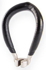 A close-up view of a carpet puller tool with a black U-shaped handle and metallic jaws showcases precision similar to the 3.2mm Spoke Key for 14g spokes.