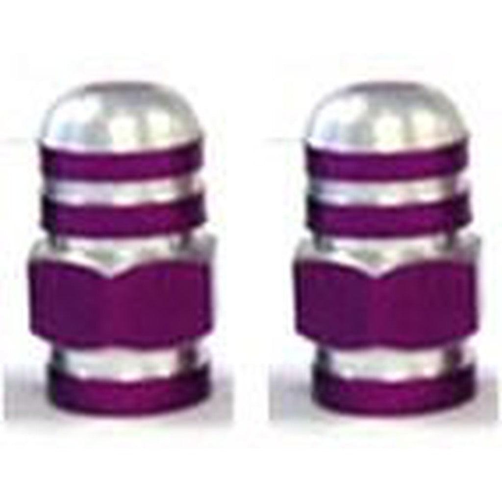 Two Alloy Nut Valve Caps, featuring a purple and silver hexagonal metallic design with ridged detailing, arranged side by side.