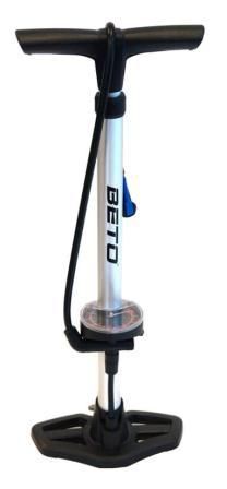 The Beto King Cobra Floor Pump is a sleek silver tool featuring a black handle and base, equipped with a pressure gauge, an attached hose, and a SMART valve head capable of reaching up to 160 PSI.