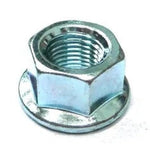 A close-up image of a Generic Flanged Axle Nut from the 10 pack, featuring its metal hexagonal shape and built-in washer.