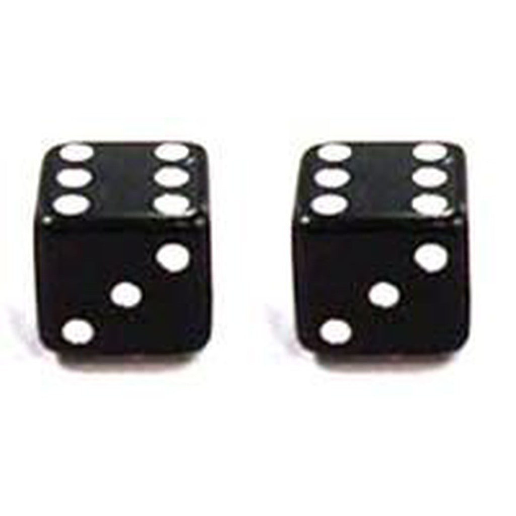 Two Dice Valve Caps, resembling sleek black dice, each feature five white dots, representing the number five.