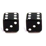 Two Dice Valve Caps, resembling sleek black dice, each feature five white dots, representing the number five.