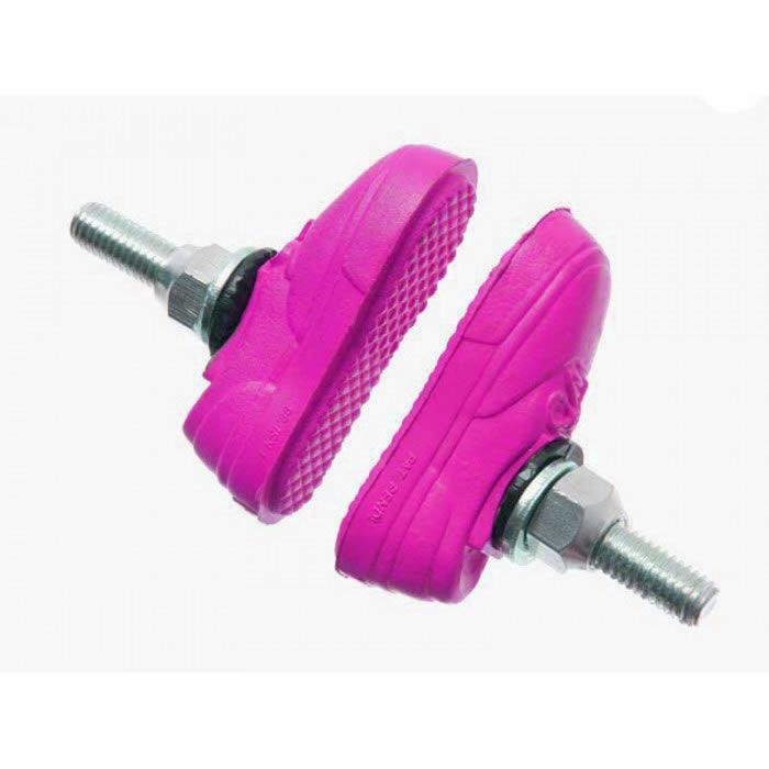 The Kool Stop X Vans Brake Pads come in pink and are shoe-shaped with threaded steel posts and metal bolts at the ends for secure installation.