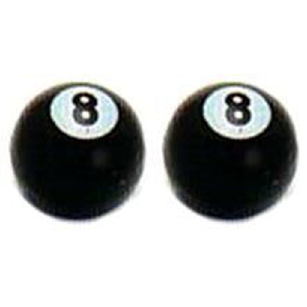 A pair of 8 Ball Valve Caps, resembling sleek black billiard balls marked with the number 8, showcase precision and symmetry when placed side by side.