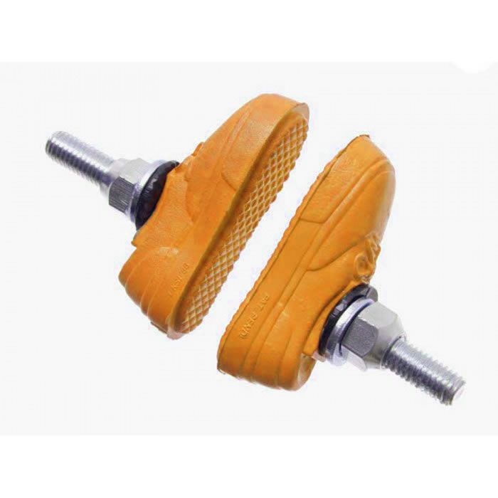 The Kool Stop X Vans Brake Pads are shoe-shaped bicycle brake pads with vibrant orange soles and metal attachments, utilizing rim-friendly compounds for efficient stopping.