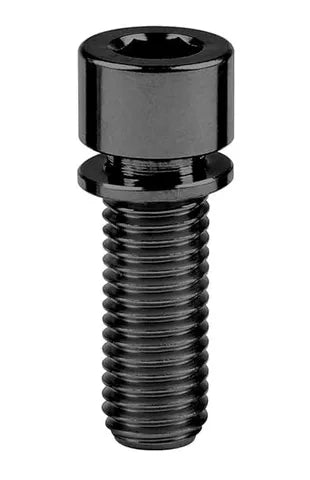 A vertically positioned black titanium M8 Stem Bolt with a cylindrical head and threaded body against a white background.