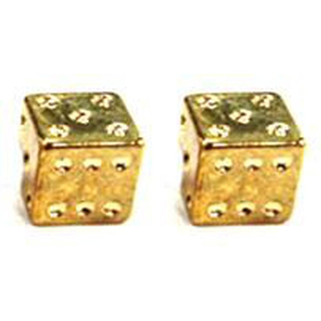 A pair of gold Dice Valve Caps is designed to resemble dice with a display showing the number five.