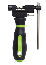 The KMC Professional Chain Breaker, in black and green, is equipped with a reversible de-riveting pin and is expertly designed with a sturdy handle and metal lever for efficient chain maintenance.