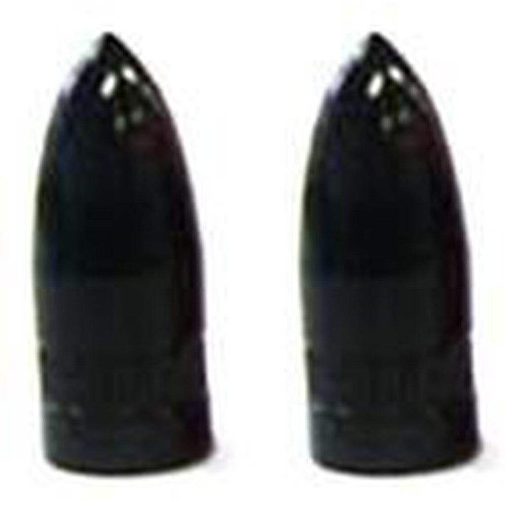 Two black valve caps stand side by side against a white background, reminiscent of pawns awaiting a Missile Valve Cap (Pair).