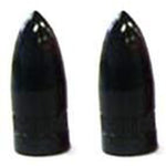 Two black valve caps stand side by side against a white background, reminiscent of pawns awaiting a Missile Valve Cap (Pair).