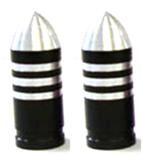 A pair of Bullet With Stripes Valve Caps in silver and black showcases pointed tips and horizontal stripes.