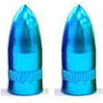 Two blue, missile valve caps are side by side against a white background.