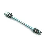 A Loose Ball 3/8 x 26 TPI Axle Kit featuring a 3/8 x 26 TPI bicycle axle with two attached nuts and washers on either end, lying against a white background.