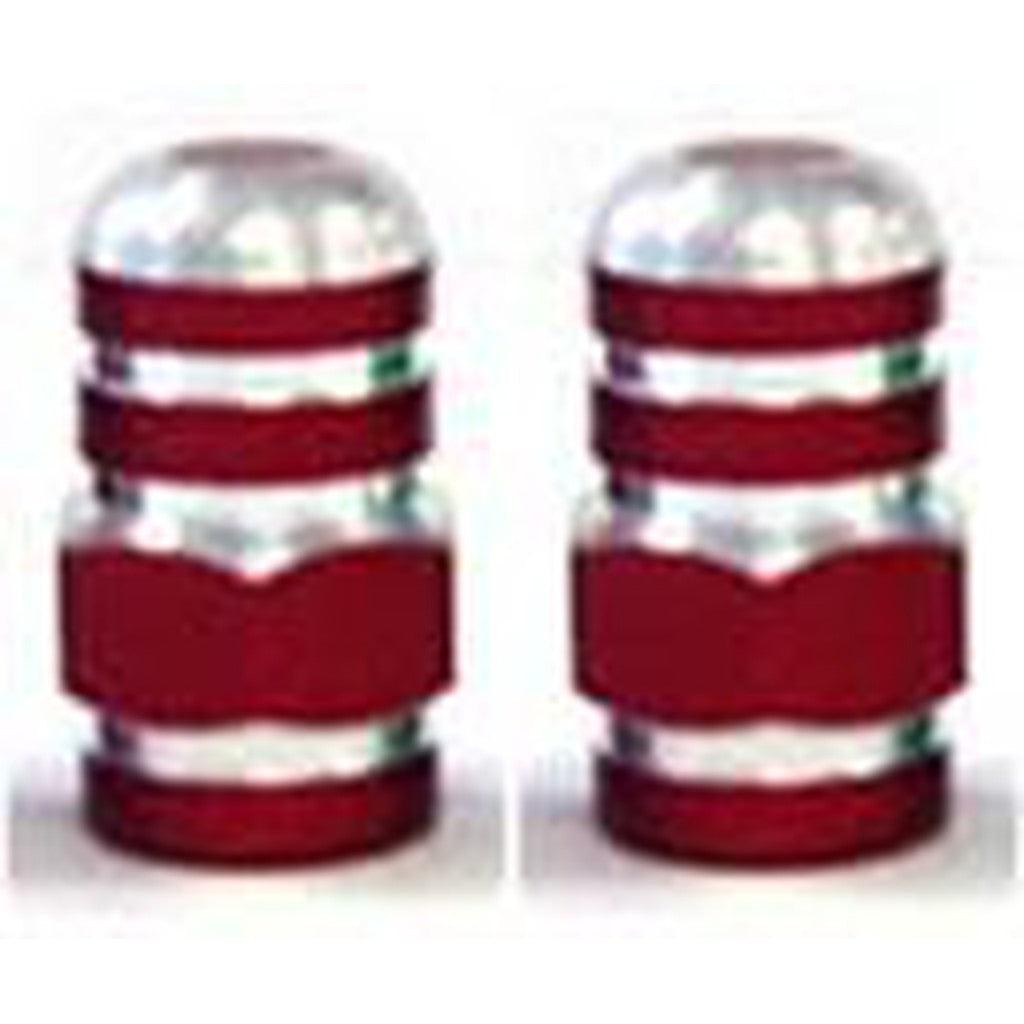 A pair of red and silver cylindrical Alloy Nut Valve Caps with grooved surfaces, placed side by side.