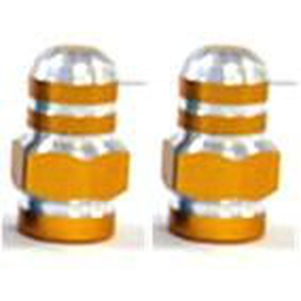 Two identical Alloy Nut Valve Caps with hexagonal bases and rounded tops, featuring silver and gold sections, resemble exquisite metallic objects.