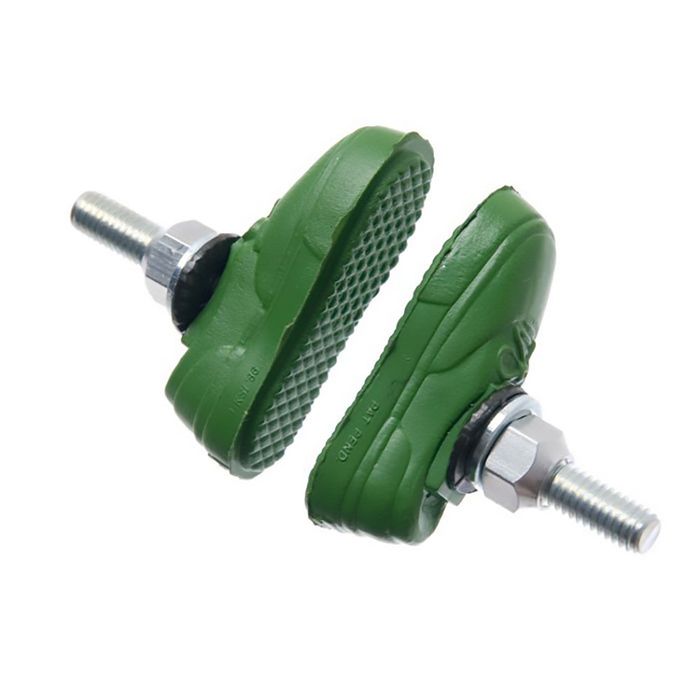 Two Kool Stop X Vans green bicycle brake pads with metal bolts and washers, positioned diagonally on a white background, feature rim-friendly compounds for optimal performance.