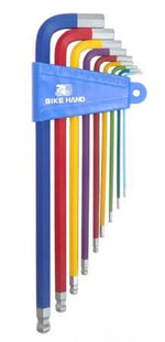 Hex/Allen Key Set Coloured, featuring ball-end wrenches of varying sizes, neatly arranged in a blue holder labeled "Bike Hand.