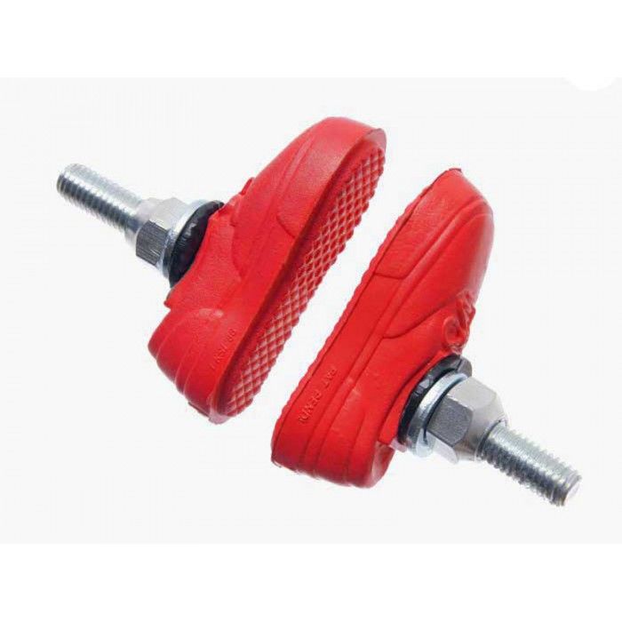 The Kool Stop X Vans Brake Pads, available in red, feature a shoe shape and threaded steel posts for easy installation. Their rim-friendly compounds optimize braking performance while protecting your bike's wheels.