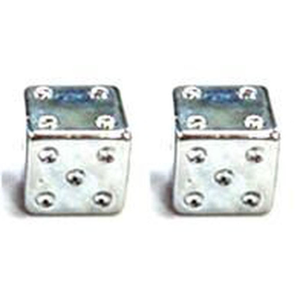 A pair of Dice Valve Caps, each displaying five dots on their silver tops, sit side by side against a white background, resembling sleek dice.