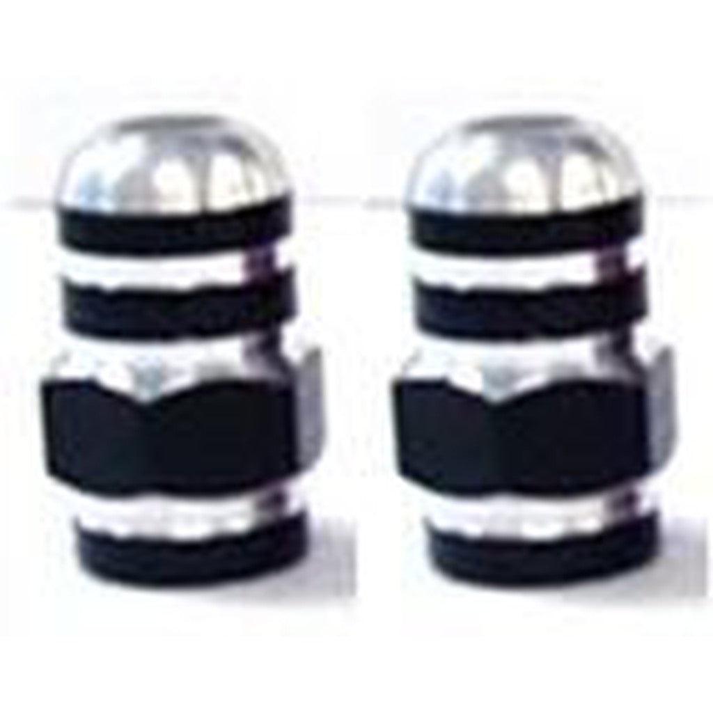 A pair of Alloy Nut Valve Caps, featuring a sleek cylindrical design with black rubber grips and rounded silver tops, positioned side by side.