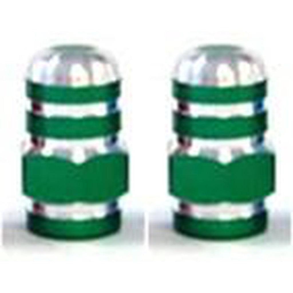 Two Alloy Nut Valve Caps with grooved designs, featuring a green and silver cylindrical appearance, are positioned side by side.